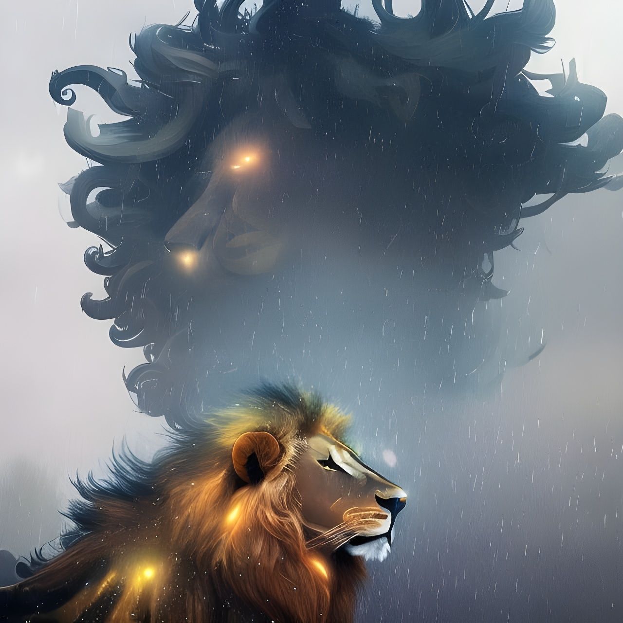 Constellation Lion in Rain: Hyperdetailed Concept Art