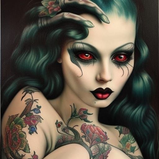 1940’s woman with tattoos, hyperdetailed goth chick,