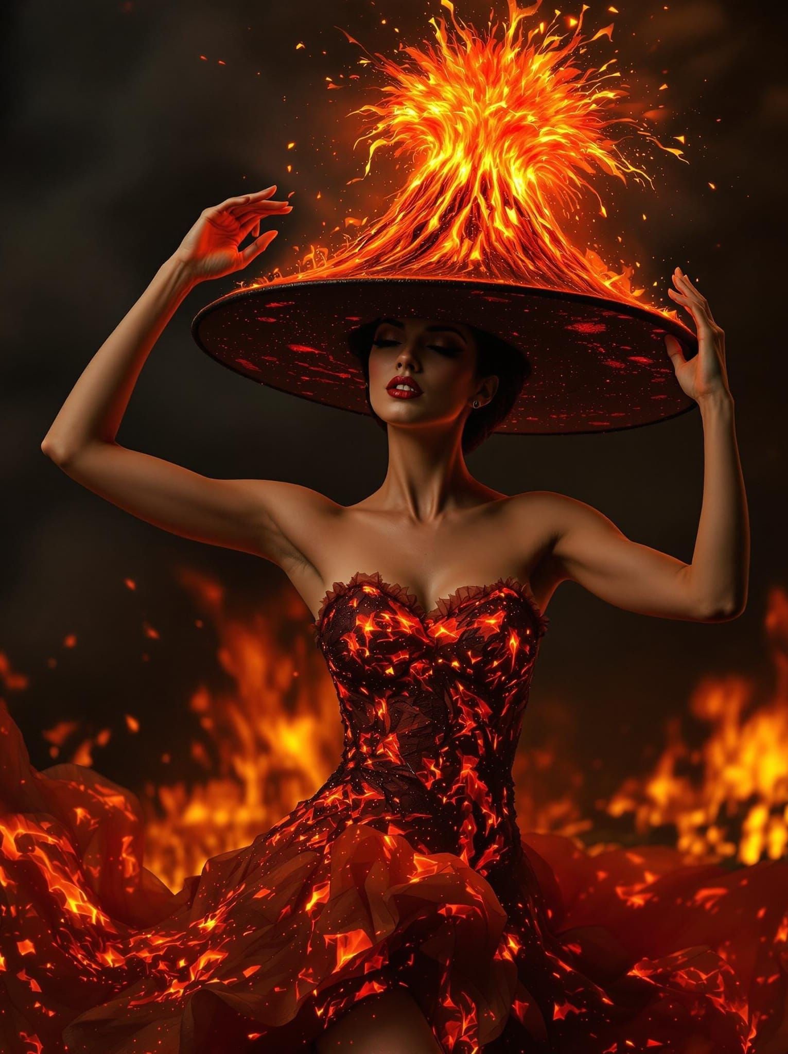 Woman in Erupting Volcano Hat, Surreal Art
