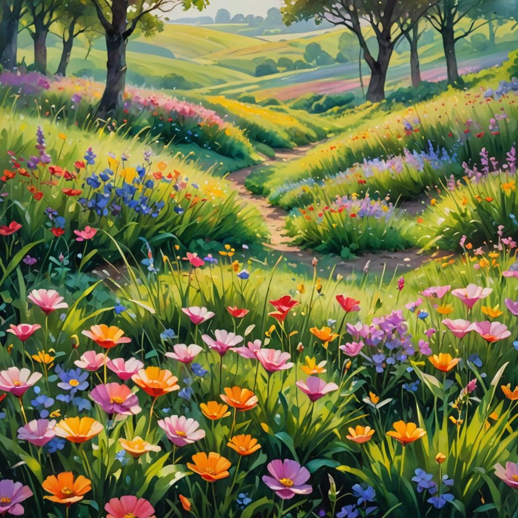 Impressionist Landscape with Dew-Kissed Flowers