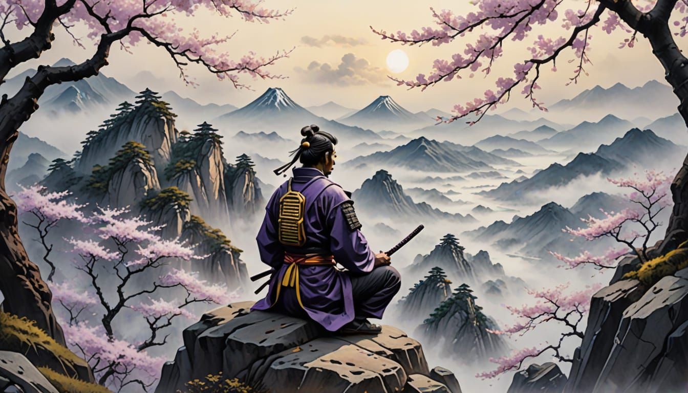 Meditating Samurai in Sumi-e Ink Wash Style