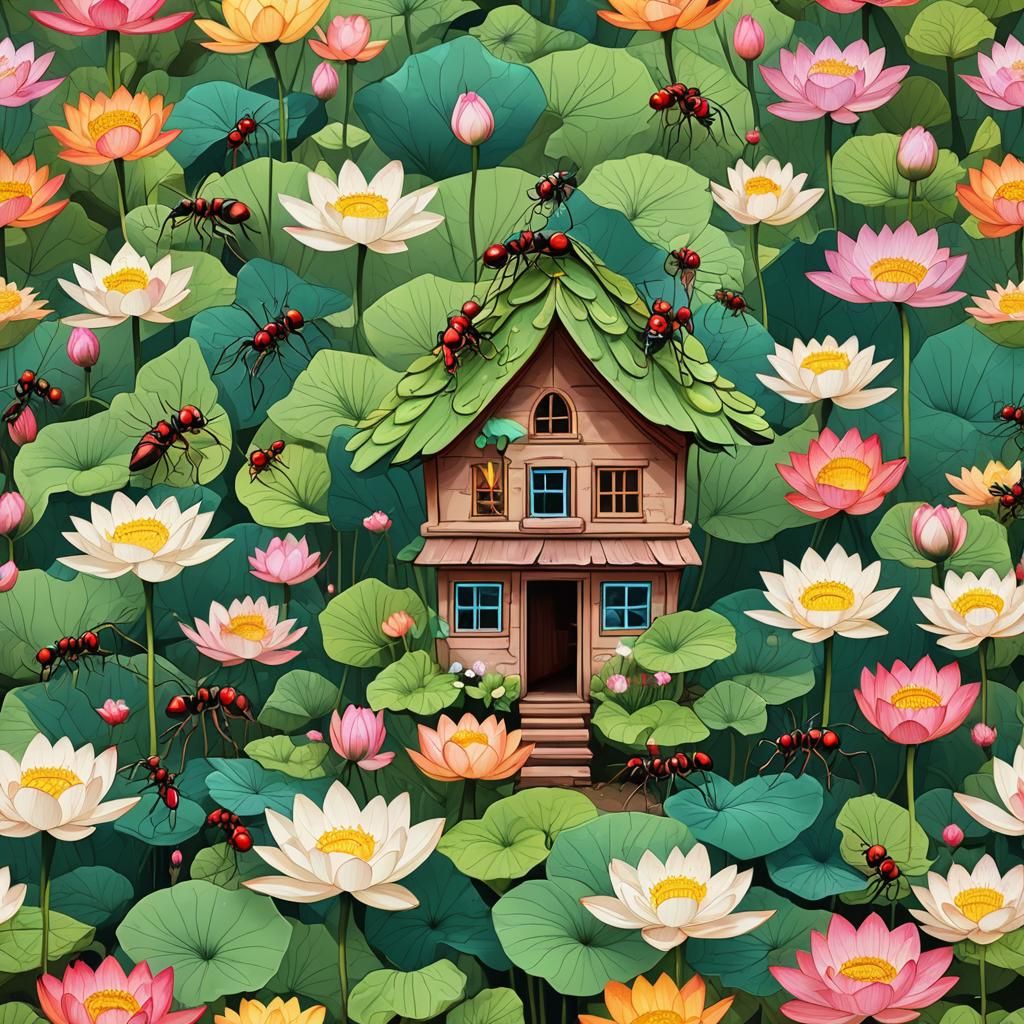 Ants Building a Flower House Inside Lotus