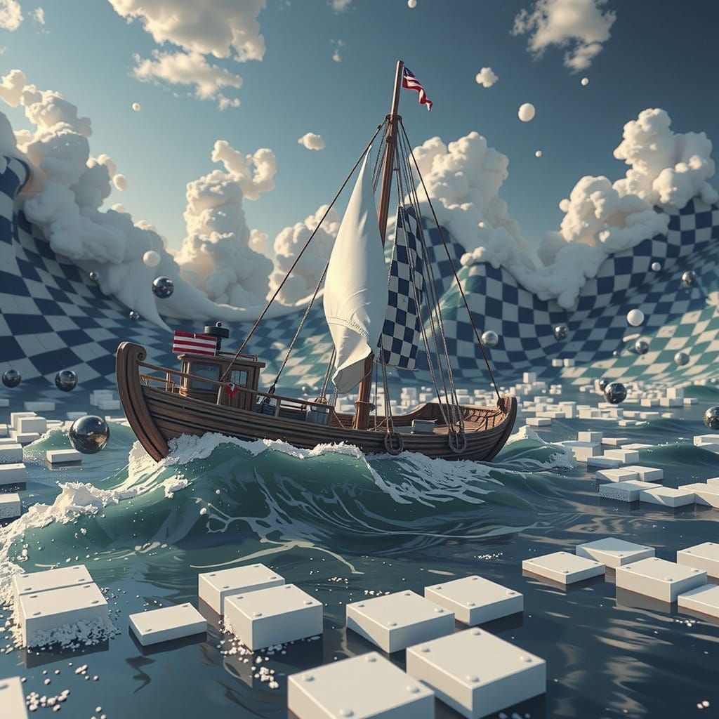 Surreal Anime-Style Sailing Boat Battles Waves in Psychedeli...