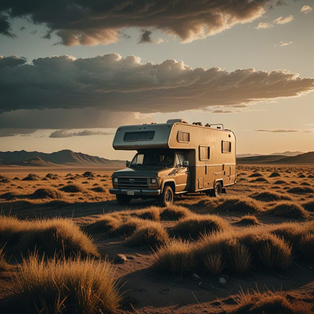 Veldmuis Beside a Rusty Camper in a Golden Hour Landscape