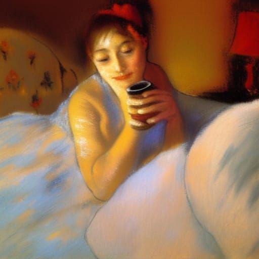 A coffee drinking the woman in bed, the sun is shining throu...