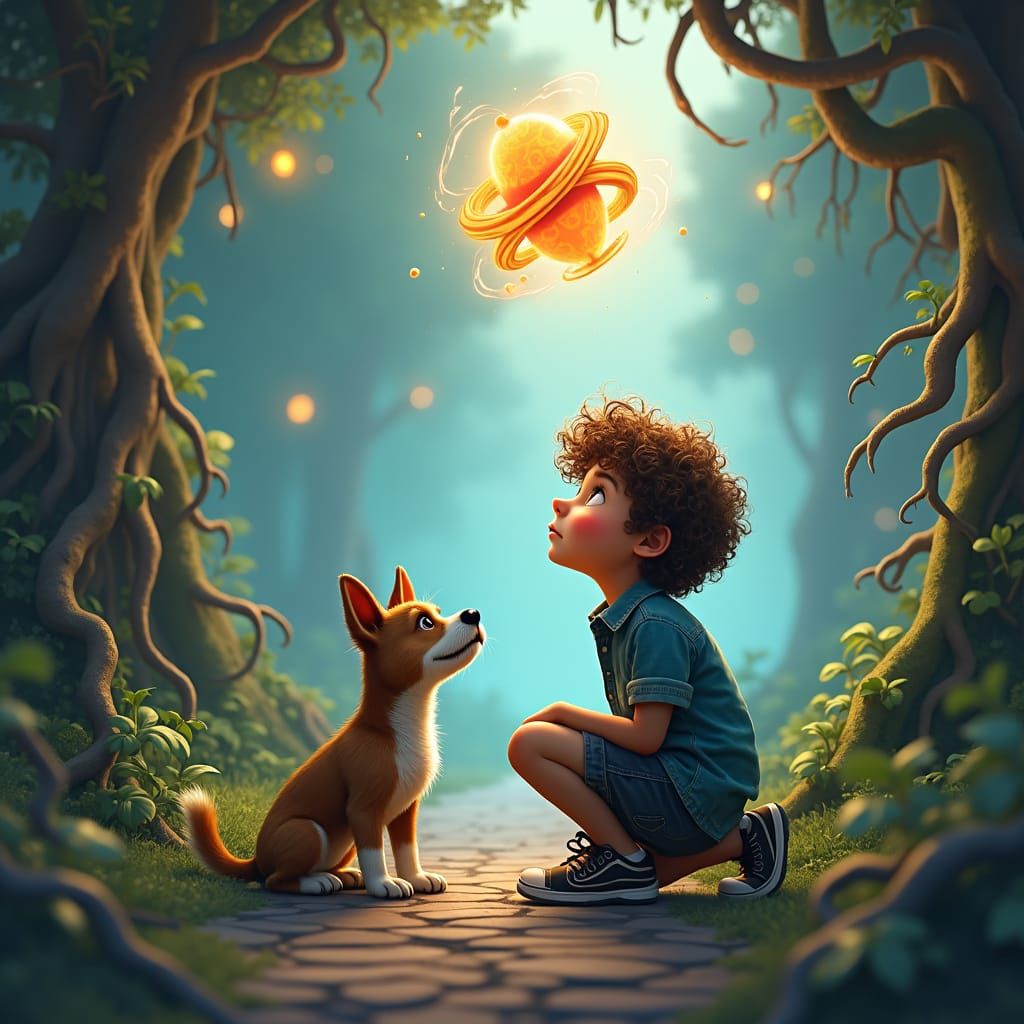 Boy and Dog in Whimsical, Detailed Landscape