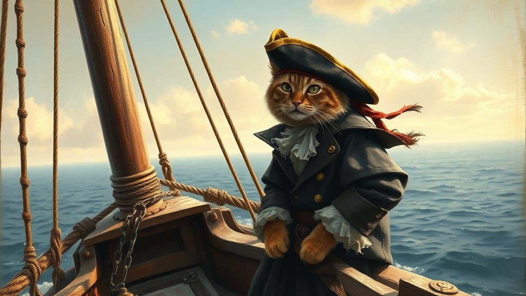 Pirate Cat on Ship, Oil Painting Style