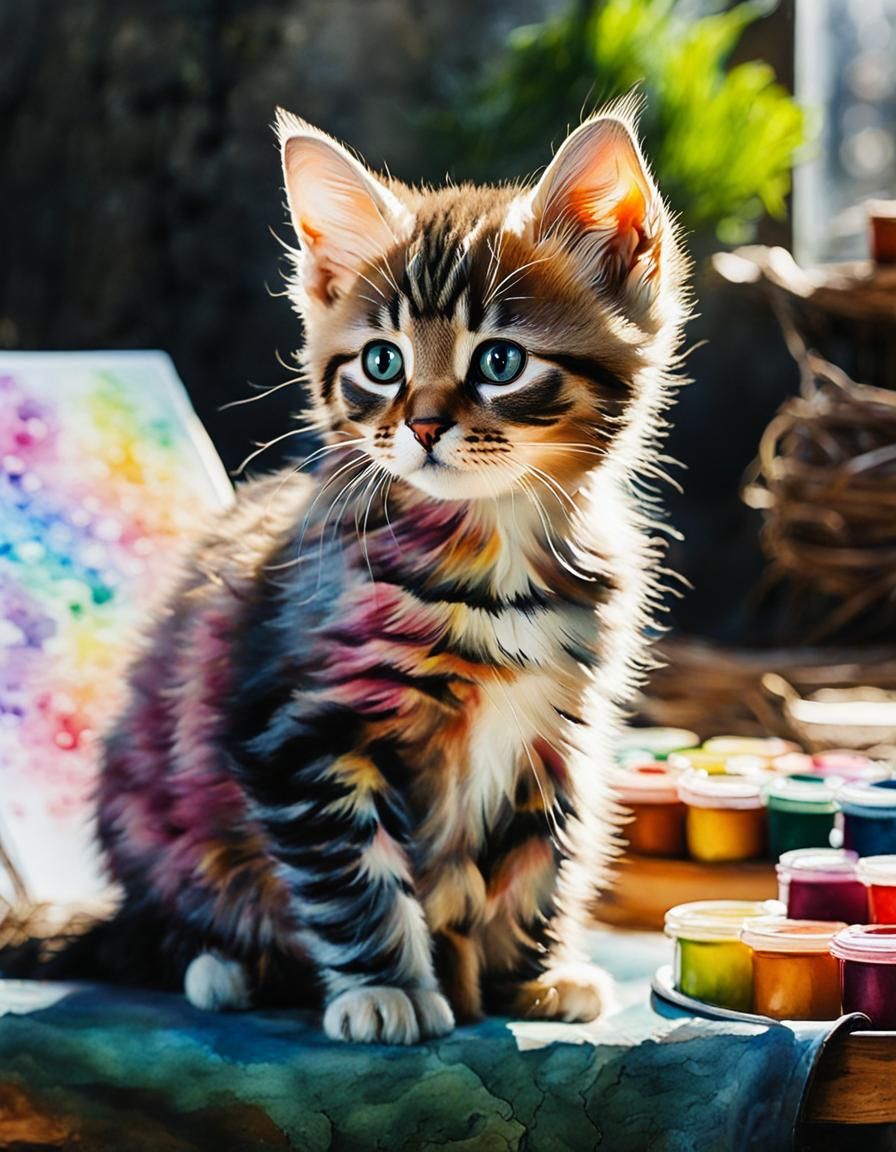 Rainbow Kitten in Watercolor with Flowers