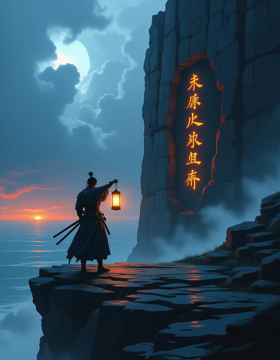 Samurai Guardian with Lantern on Stormy Cliff