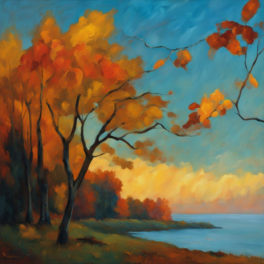Vibrant Oil Painting of Sunlit Autumn Landscape
