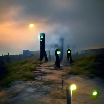 Humanoid Lampposts in a Sinister Post-Apocalyptic Landscape