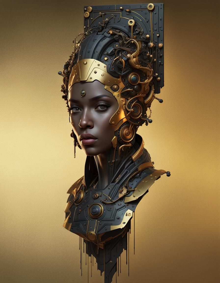 high tech nano particle infused super quantum cpu,  refined metal textures, brass, perforated bronze, black iron, abstra...