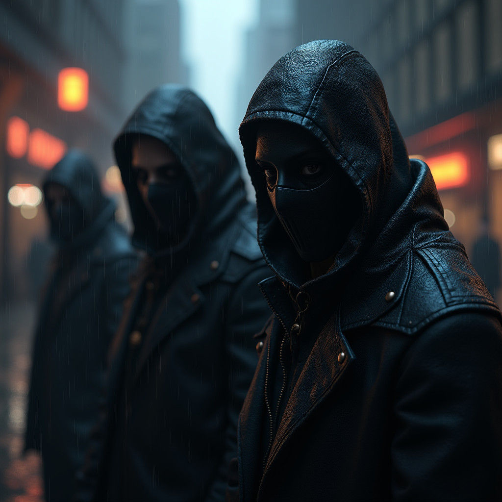 Masked Figures in Rain-Soaked Cityscape, Digital Art