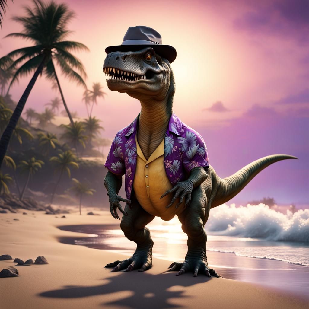 T-Rex on vacation at the beach wearing a Hawaiian shirt and a hat