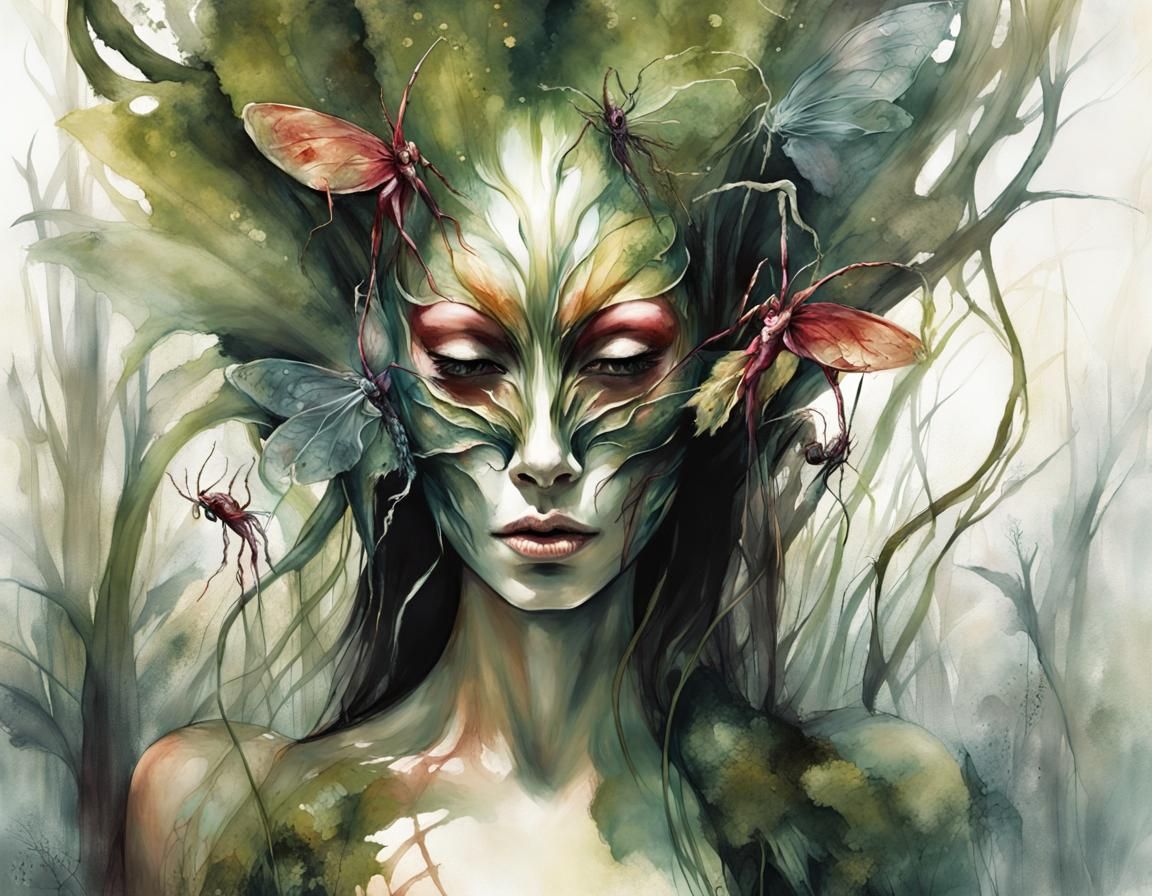 Insectoid Fairy Woman in Lush Elven Forest