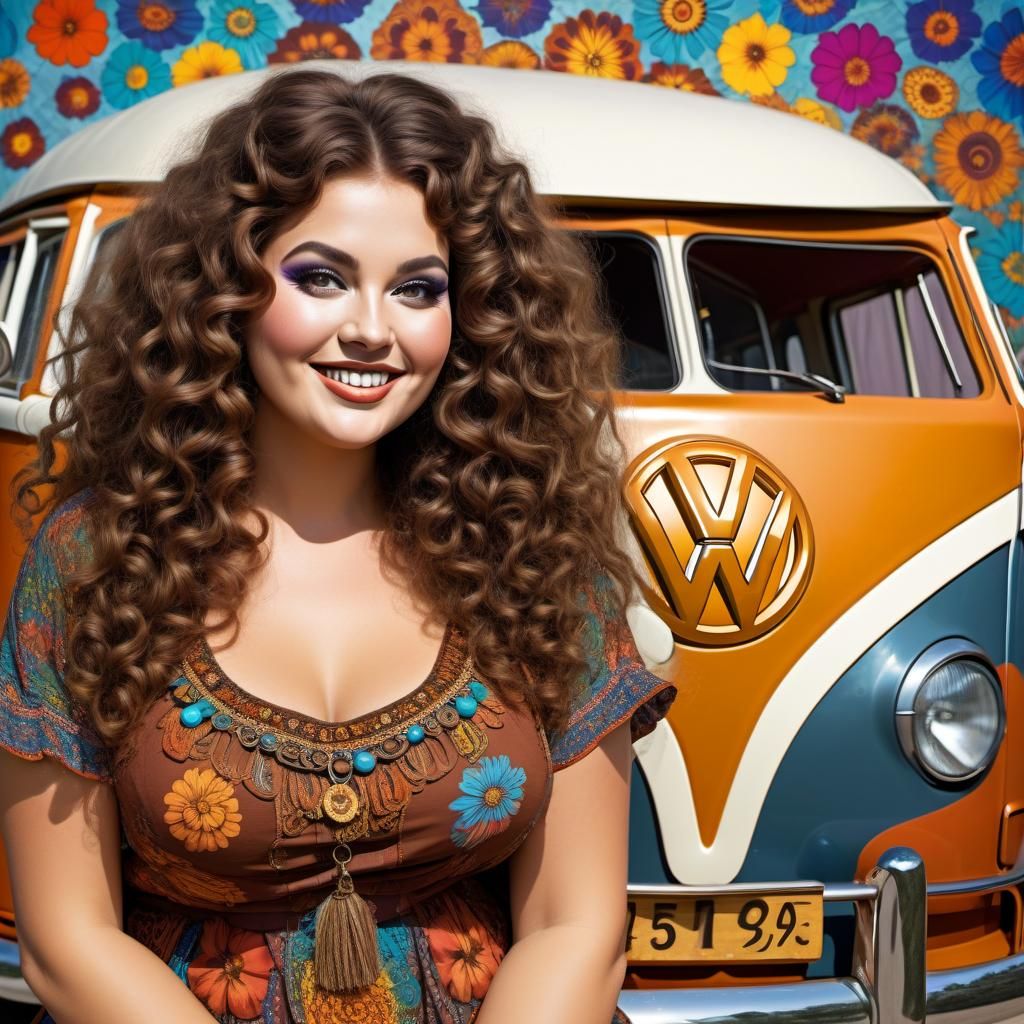 Curvy Woman in Hippie Style with VW Bus