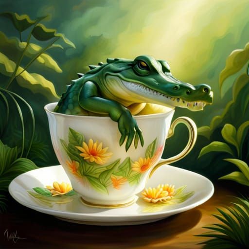 Crocodile Sipping Tea: Hyperrealistic Art