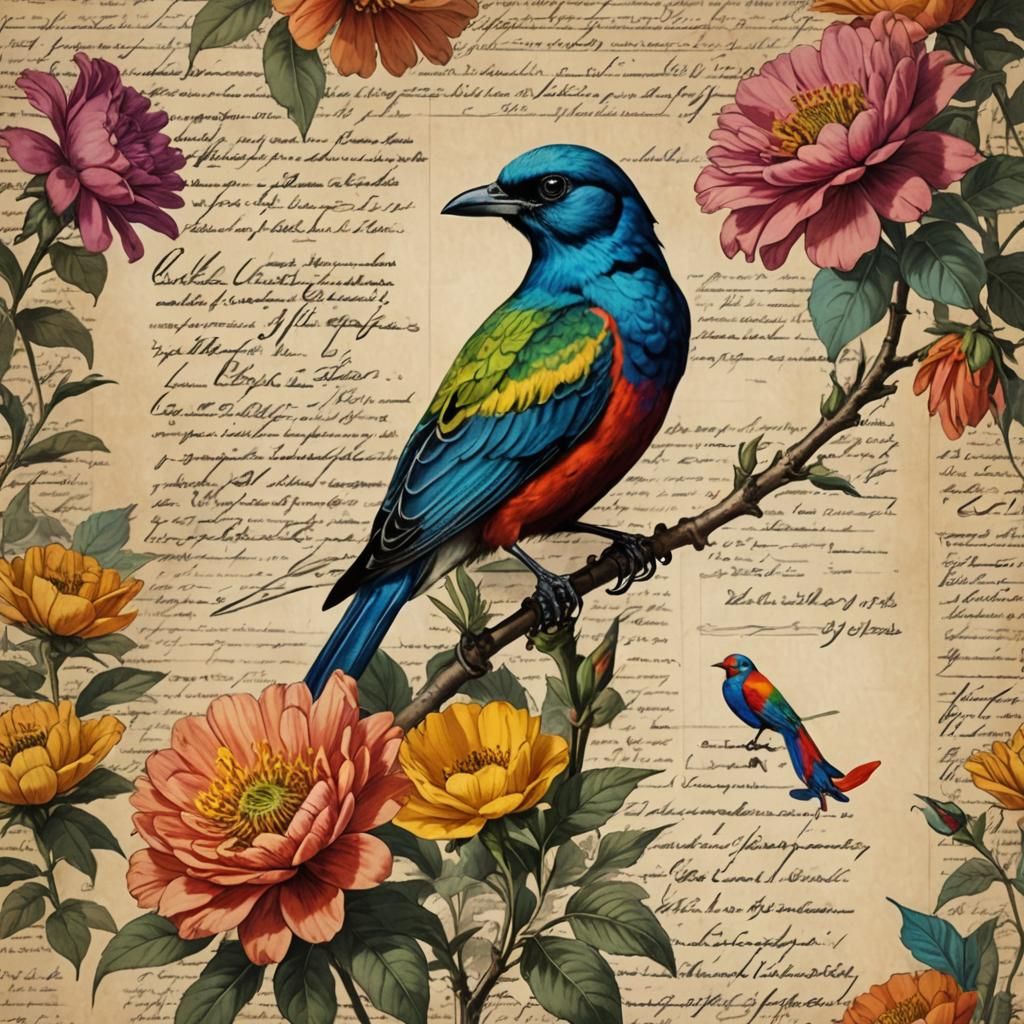 Bird and Flower on Scripted Background