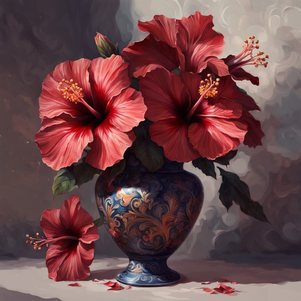 Vibrant Burgundy Hibiscus Bouquet in Digital Pointillism Sty...