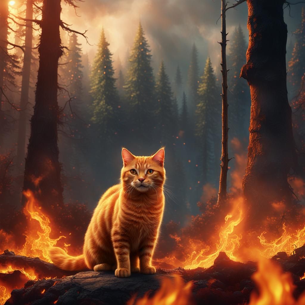 Ginger Cat in Front of Forest Fire Art