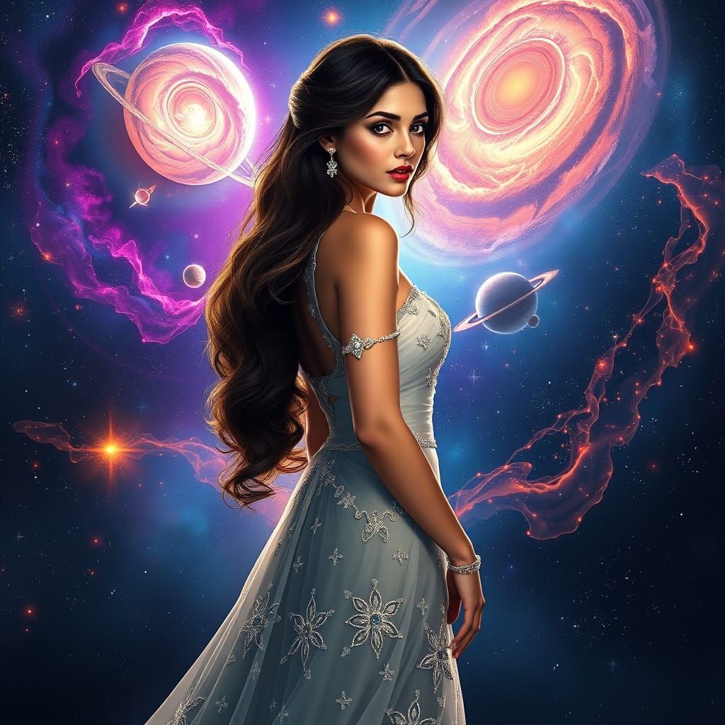 Celestial Goddess in Vibrant Galaxy Attire