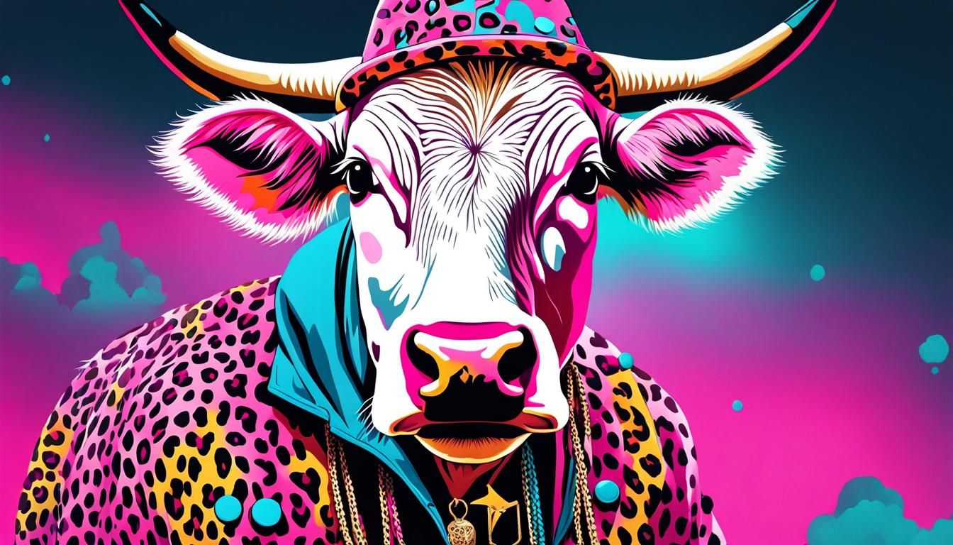 Anthropomorphic Cow Rapper in Vibrant Digital Illustration