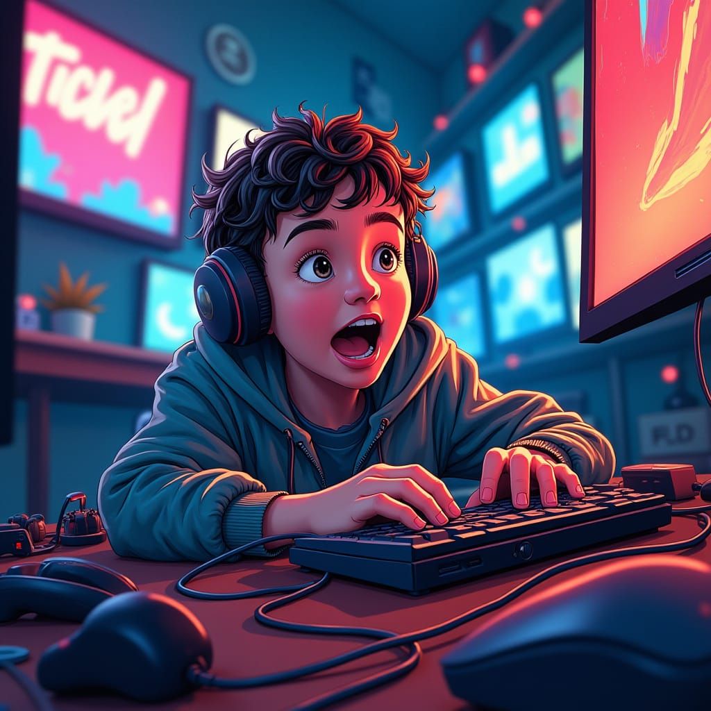 Boy Immersed in Video Games: Comic Book Illustration