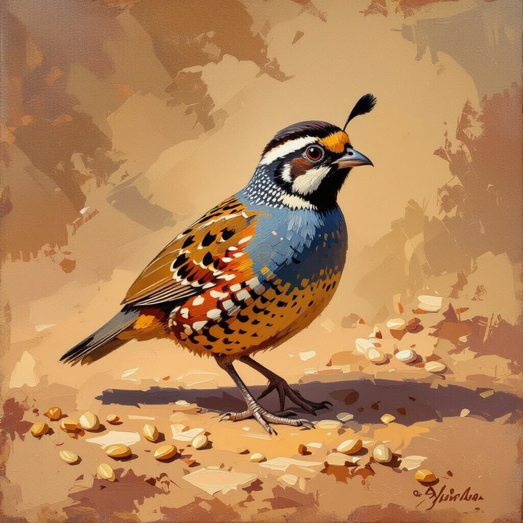 African Quail in Textured Impasto Oil Painting