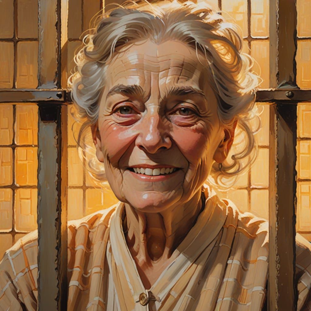 Joyful Old Woman in Prison Cell as Impressionist Painting
