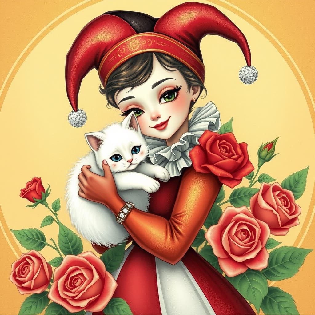 Ethereal Harlequin Girl with Kitten and Roses