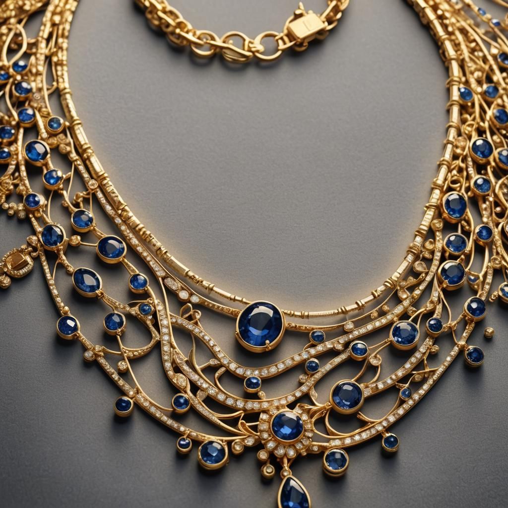 Exquisite Gold and Sapphire Necklace, Ultra-Realistic Render...