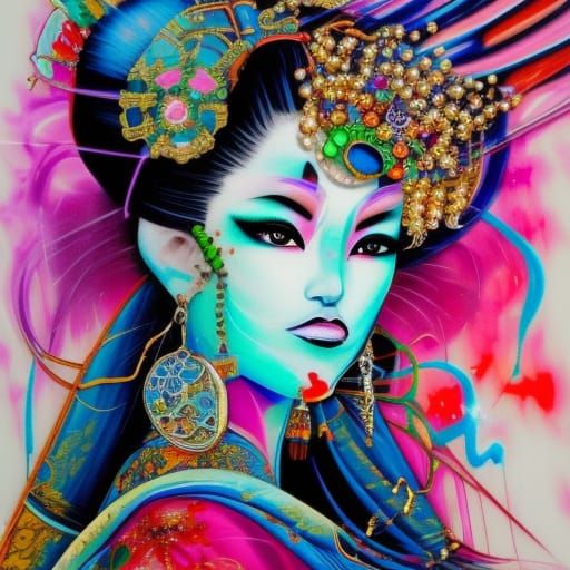 Magical Geisha Priestess in Graffiti Art Style