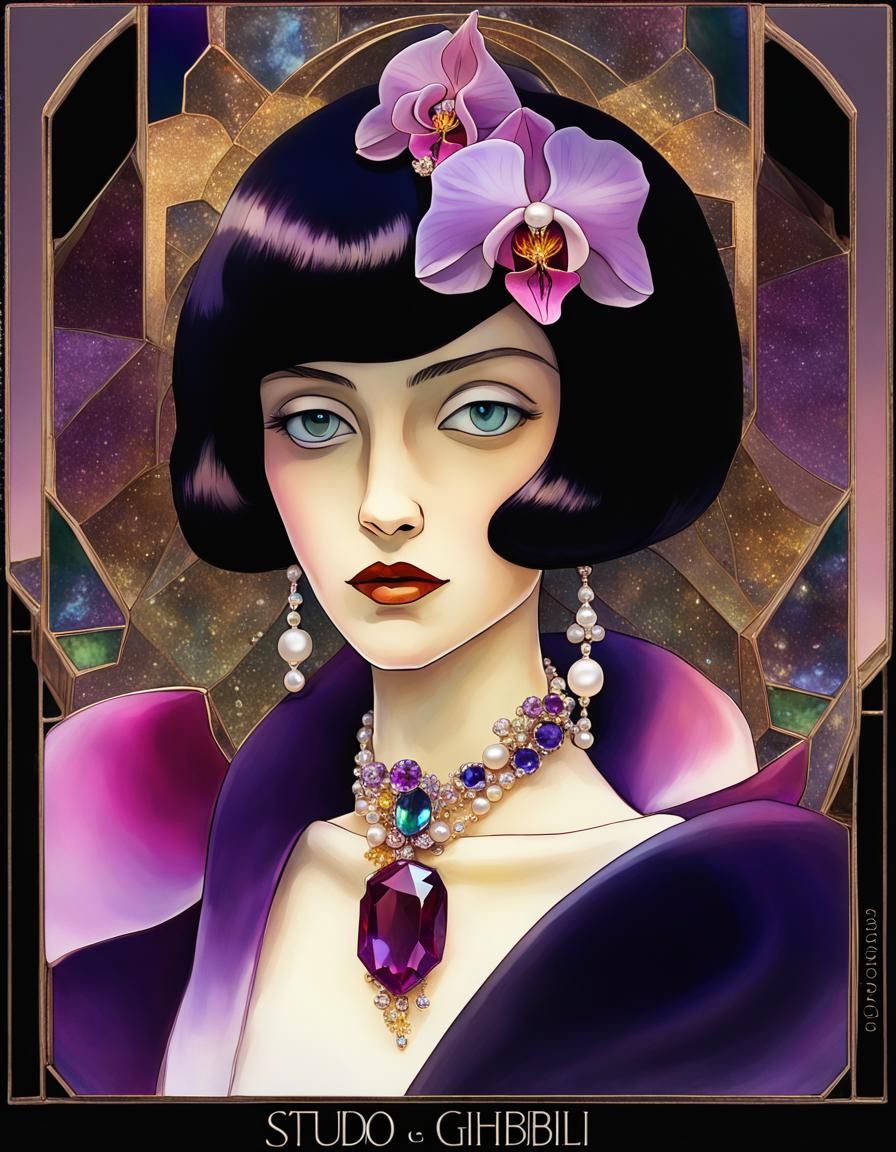 Ghibli Art Deco Orchid Brooch with Jewels