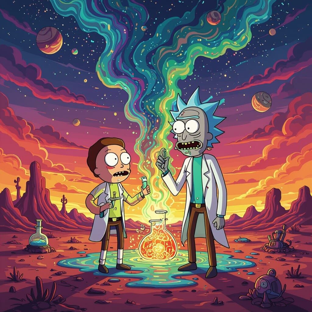 Psychedelic Rick and Morty with Breaking Bad Aesthetic