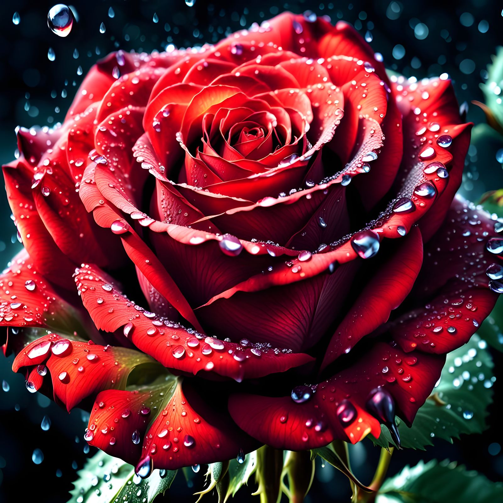 Hyperrealistic Red Rose with Dew Drops in 8K