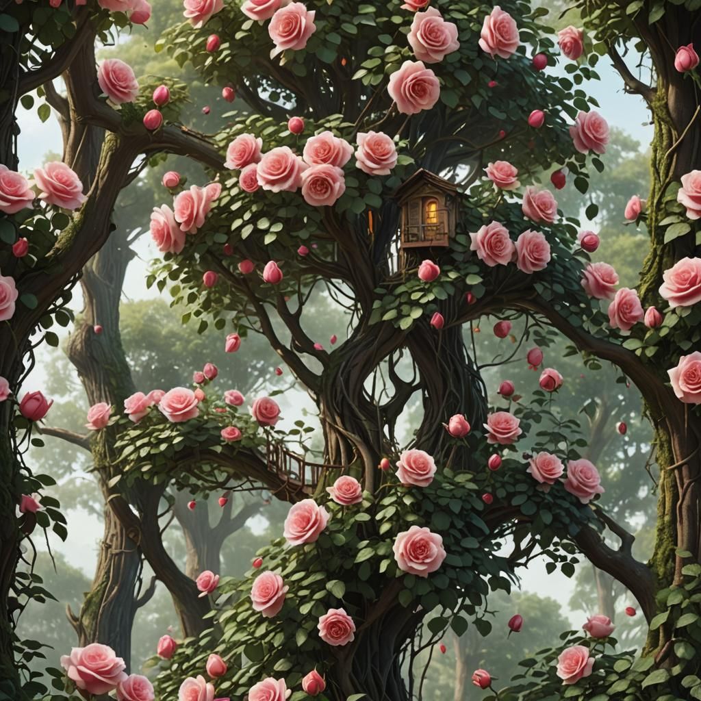 Rose Tree with Petal House: Detailed Matte Painting