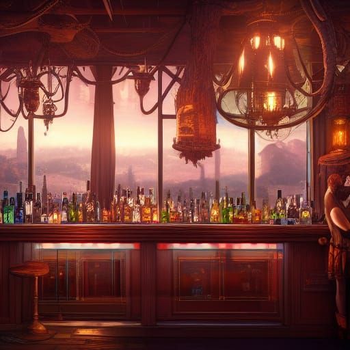 Fantastical Bar with Drinks in Detailed Matte Painting