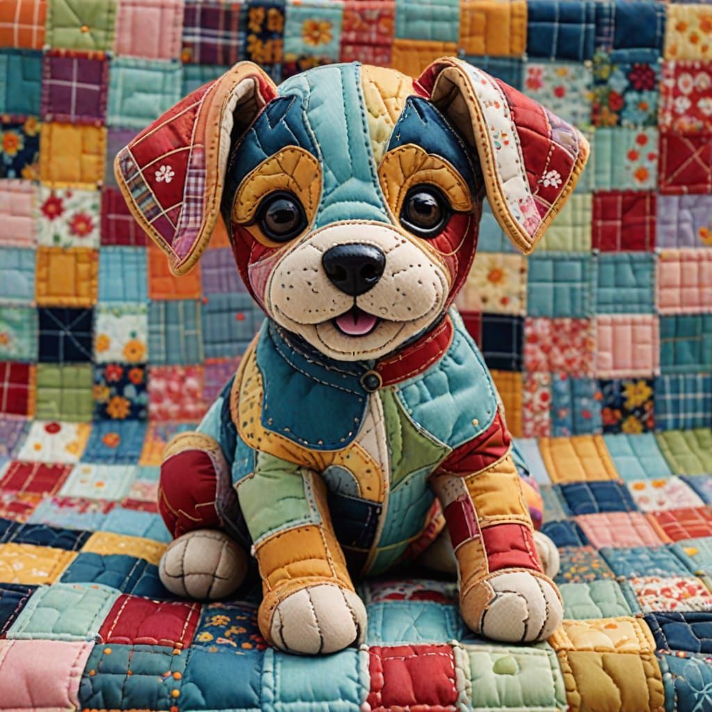 Vibrant Fabric Puppy in Whimsical Quilted Textile Art