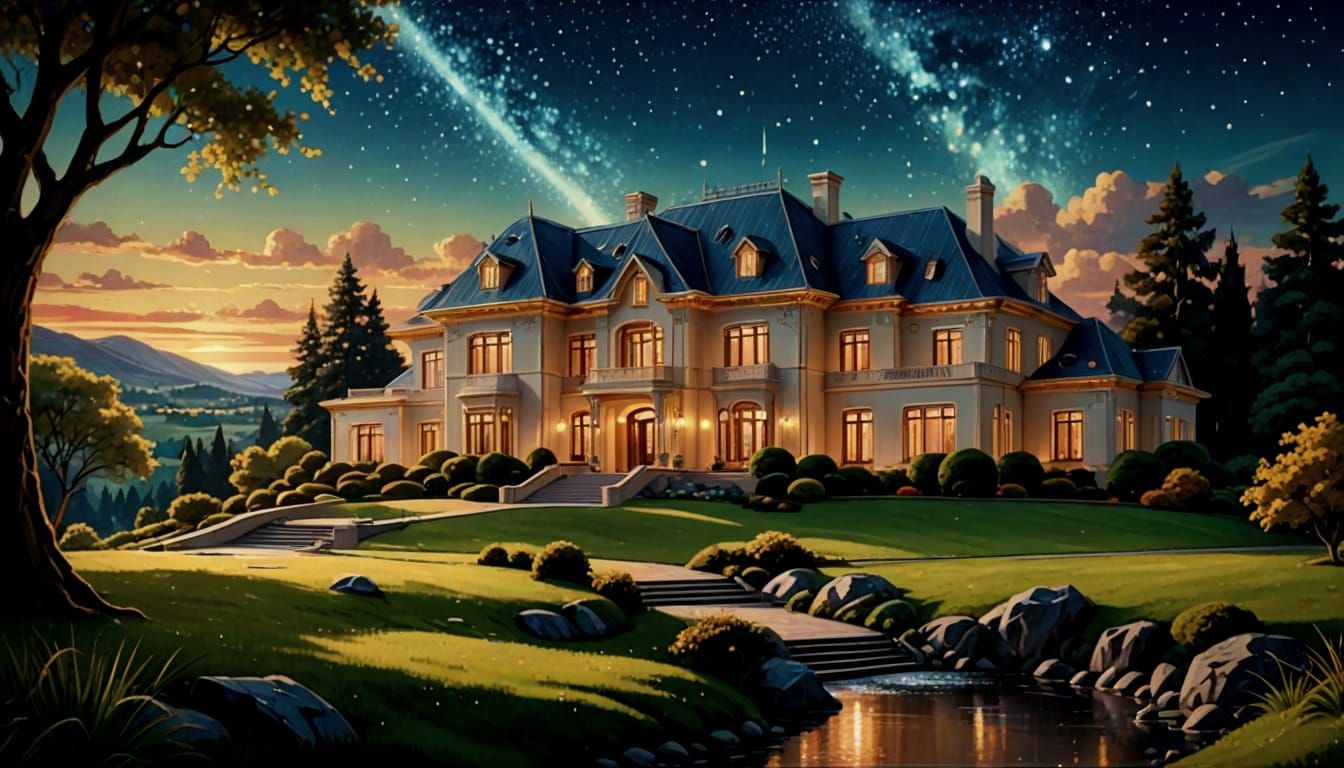 Luxury Mansion Under Starry Night Sky