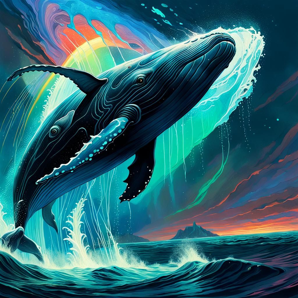 Bioluminescent Whale Breaching in Fantasy Ocean