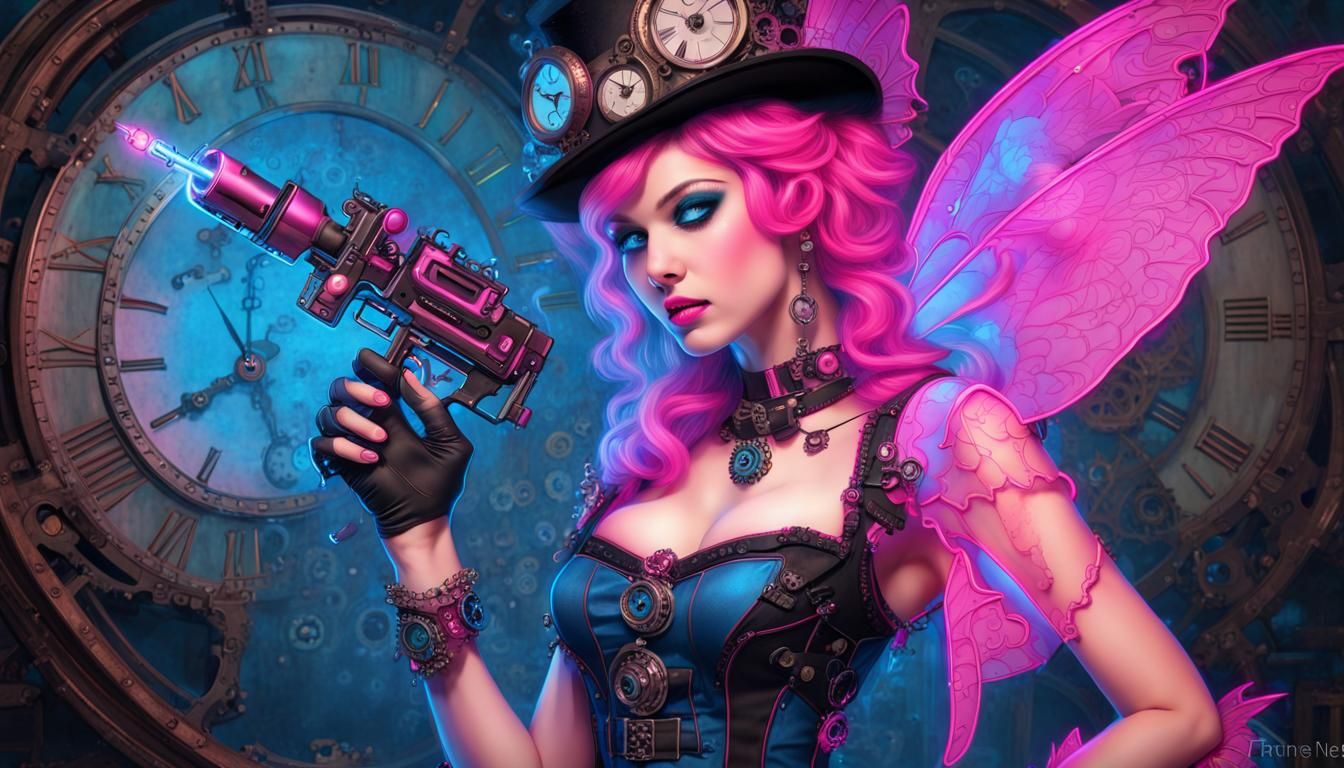 Steampunk Fairy with Neon Wings in Warehouse