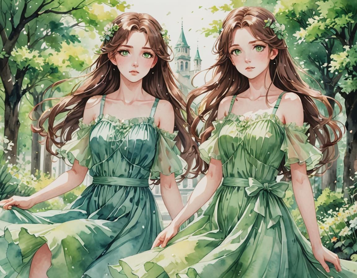 Twin Sisters in Anime Style with Flowing Dresses