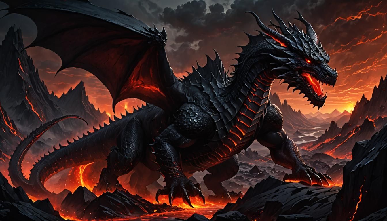 Menacing Black Dragon in Volcanic Landscape