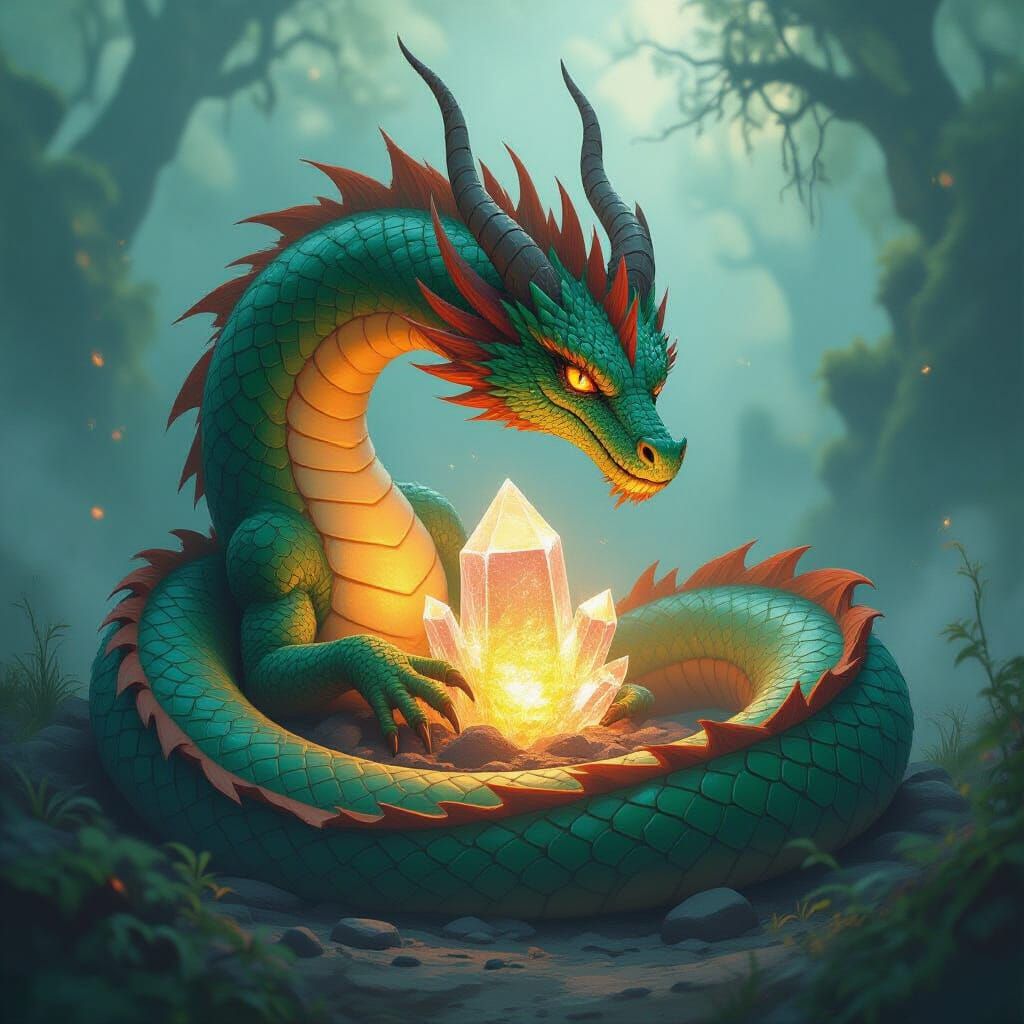 Dragon Guarding Crystal in Retro Sci-Fi Style