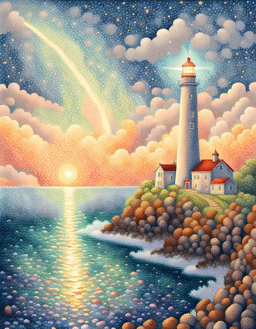 Pointillist Lighthouse Under Starry Night Sky