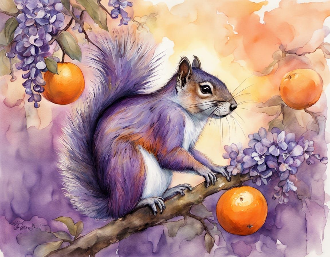 Whimsical Purple Squirrel in an Orange Tree Watercolor