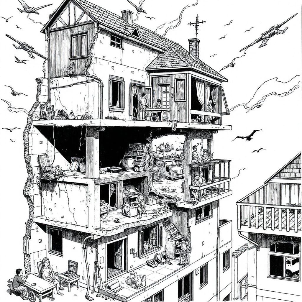 War-Torn Apartment Building in Comic-Style Cross-Section