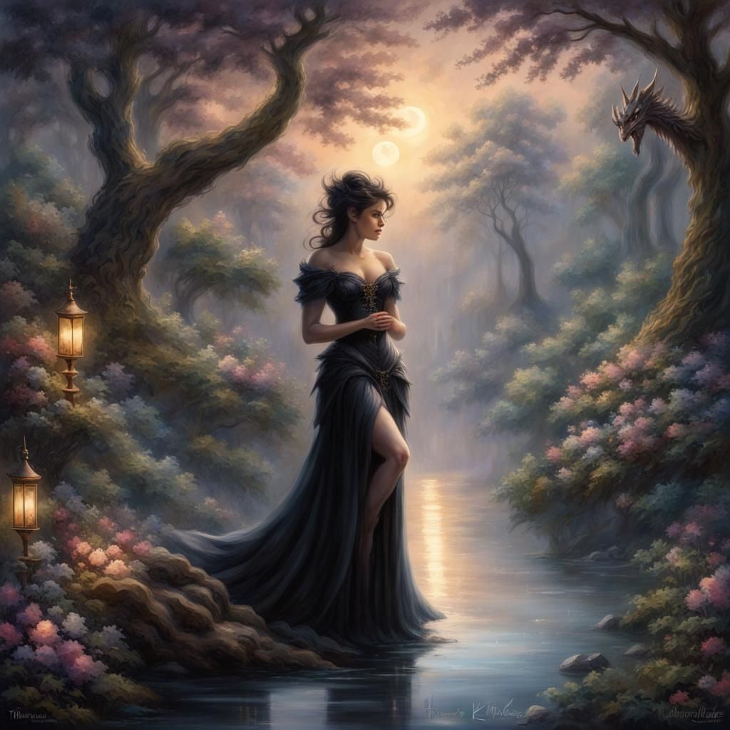 Magician Woman and Black Dragon in Moonlight Forest