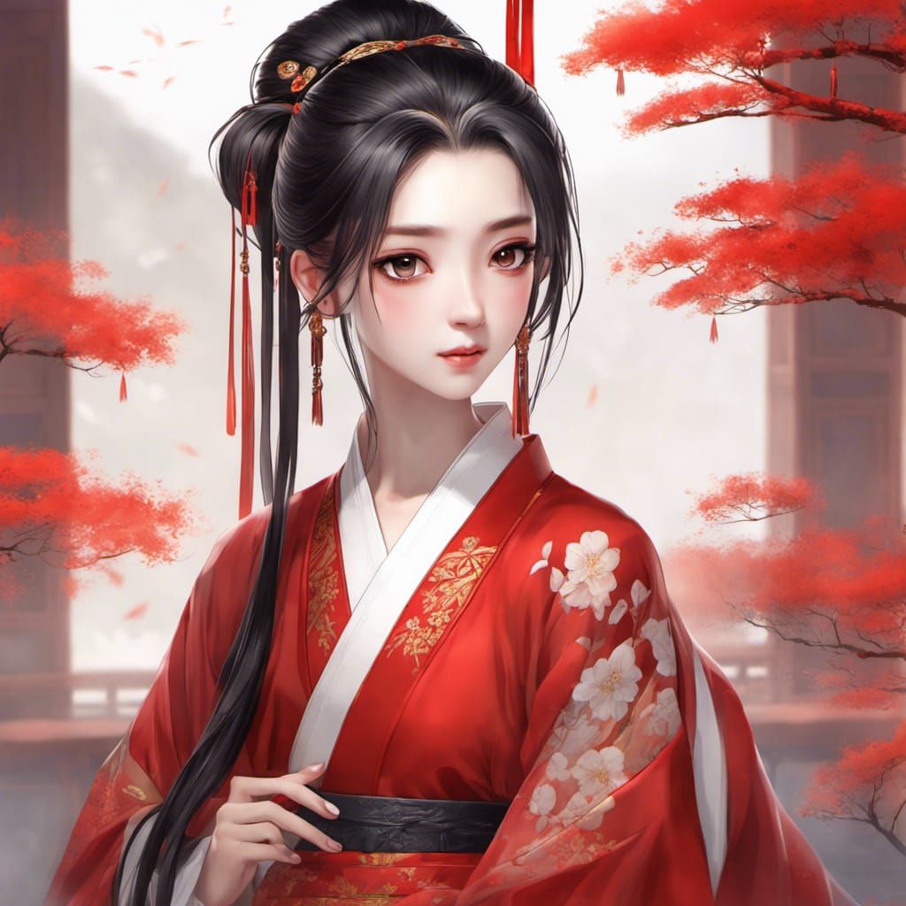 Beautiful Woman in Red Hanfu, Watercolor Ukiyo-e