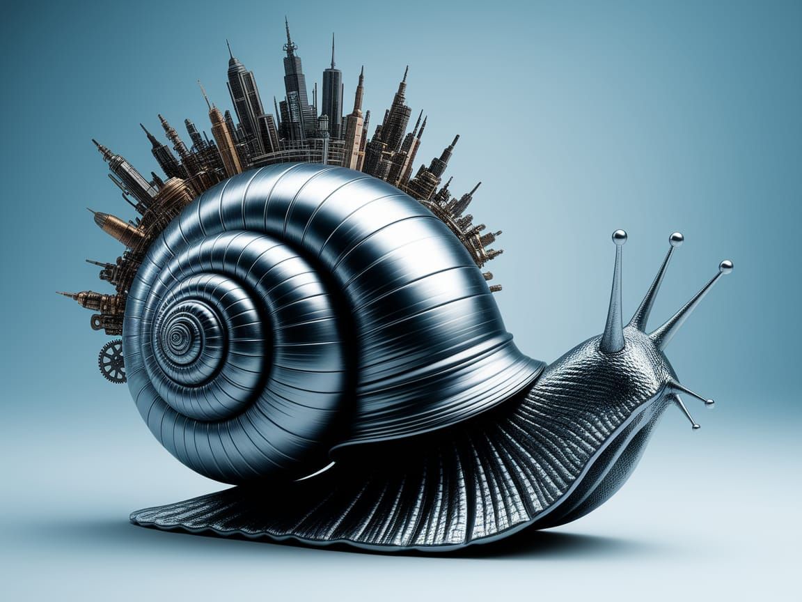 Steampunk Snail Cityscape: Detailed Metallic Art